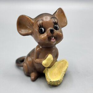 Vintage Plastic Mouse Mini Figurine With Cheese Collectible Ornament Shelf Decor